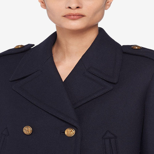 Damen Doppelreihiger militärinspirierter Maxi‑Wollmantel mit Epauletten und Zierriegeln Shop Nory