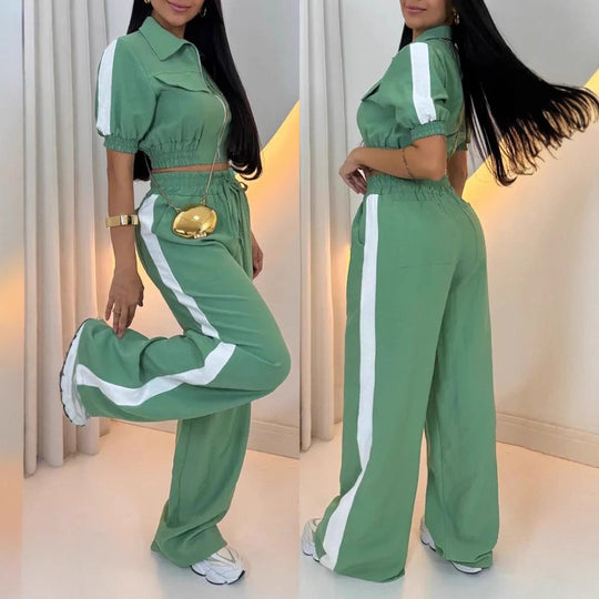 Damen Lässiger Zweiteiler-Jumpsuit mit Reißverschluss, kurzem Arm und weitem Palazzohosenbein Shop Nory