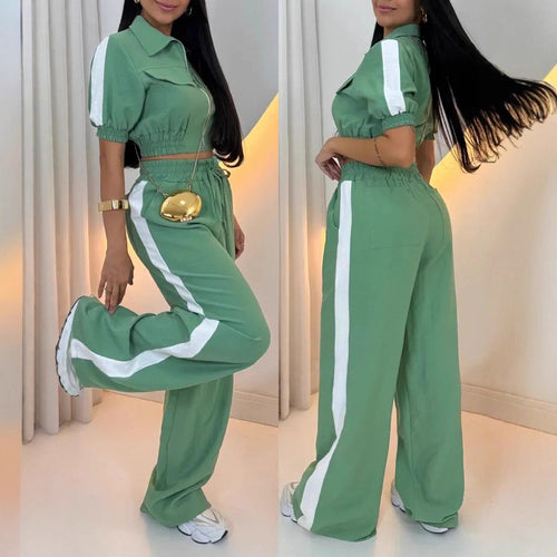 Damen Lässiger Zweiteiler-Jumpsuit mit Reißverschluss, kurzem Arm und weitem Palazzohosenbein Shop Nory