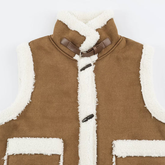 Damen Ärmellose Lammfelloptik‑Weste mit Stehkragen und Knebelverschlüssen Shop Nory
