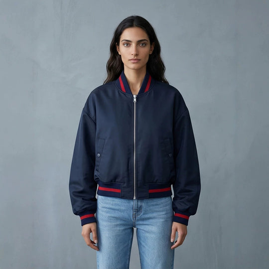 Damen Kurz geschnittene Oversize Bomberjacke mit voluminösen Ärmeln und Rippenbündchen Shop Nory