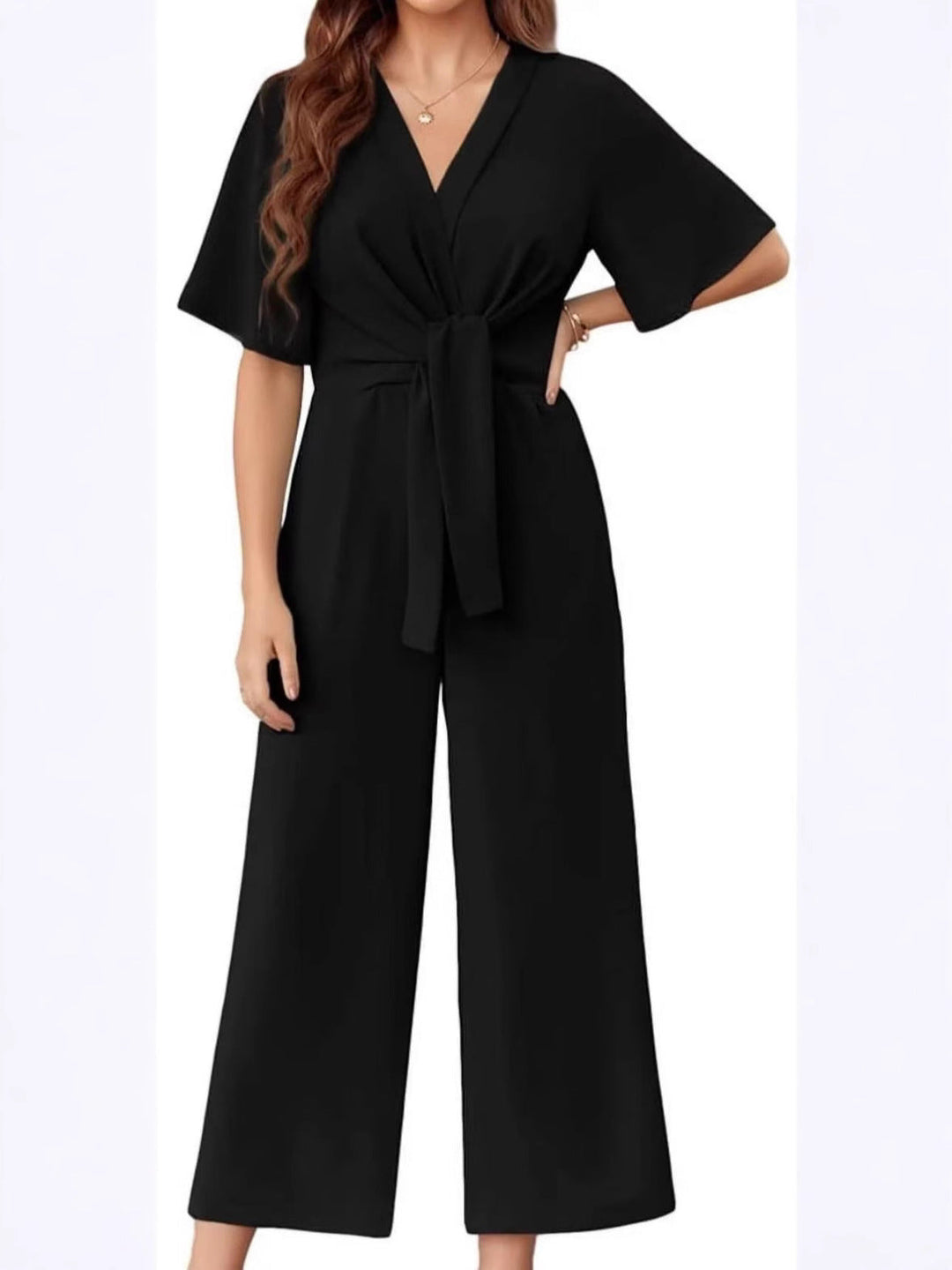 Damen eleganter Jumpsuit mit tiefem V-Ausschnitt und Poncho-Ärmeln