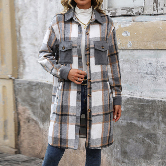 Damen Lange Überwurfjacke im karierten Flanell‑Look mit aufgesetzten Pattentaschen Shop Nory