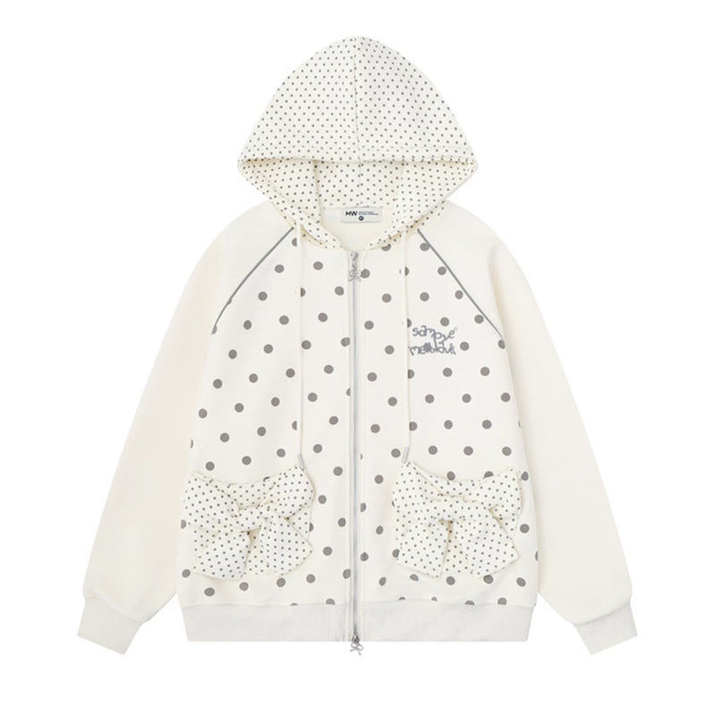 Damen Gepunktete Zip-Kapuzenjacke mit Schleifen-Taschen und Raglanärmeln Shop Nory