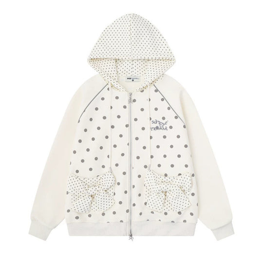 Damen Gepunktete Zip-Kapuzenjacke mit Schleifen-Taschen und Raglanärmeln Shop Nory