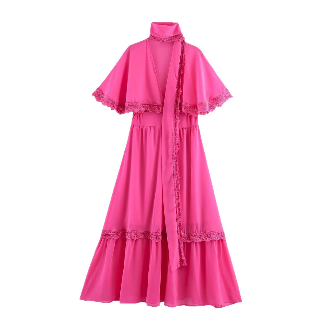 Damen Maxikleid mit Capelet, Stehkragen und Spitzenverzierung Shop Nory