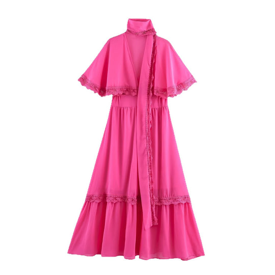 Damen Maxikleid mit Capelet, Stehkragen und Spitzenverzierung Shop Nory
