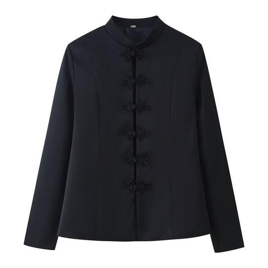 Damen Taillierte Mandarinkragen-Jacke mit dekorativen Kordelknöpfen Shop Nory