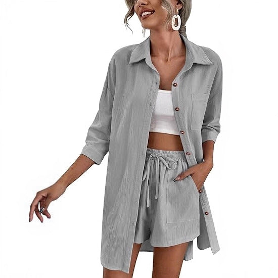 Damen Leichtes Longline-Hemdjacken-Set mit elastischer High-Waist-Shorts Shop Nory