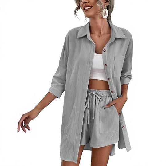 Damen Leichtes Longline-Hemdjacken-Set mit elastischer High-Waist-Shorts Shop Nory