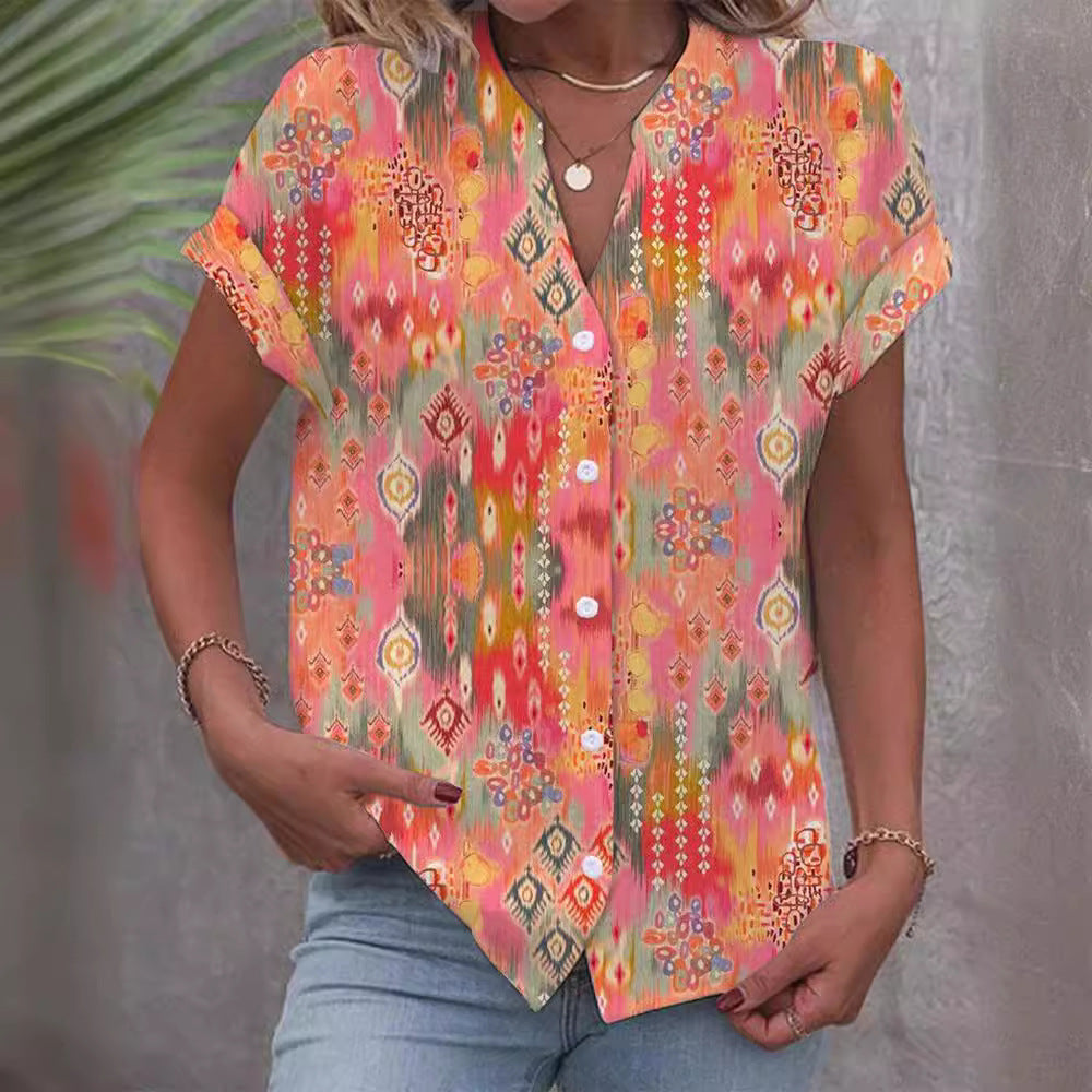 Damen Kurzarmbluse mit kunstvollem Ikat-Design