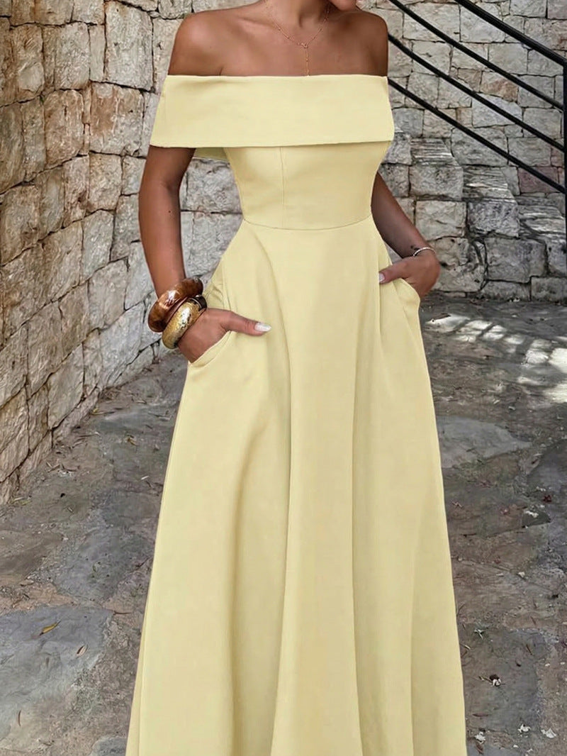 Damen Off-Shoulder Maxikleid mit Taschen und eleganter Silhouette Shopnory