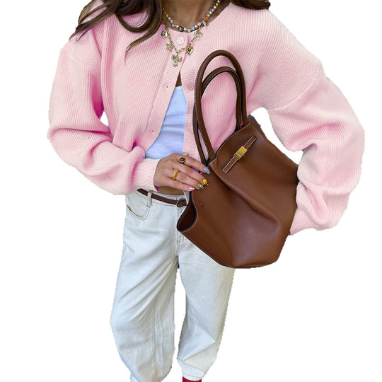 Damen nan kurzes Rippstrick-Cardigan mit Rundhalsausschnitt, ballonärmel und markanter Knopfleiste Shop Nory