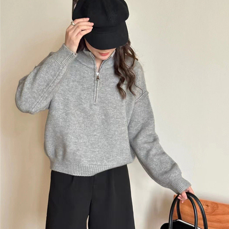 Damen lässiger Pullover mit kurzem Reißverschluss und entspannter Passform Shopnory