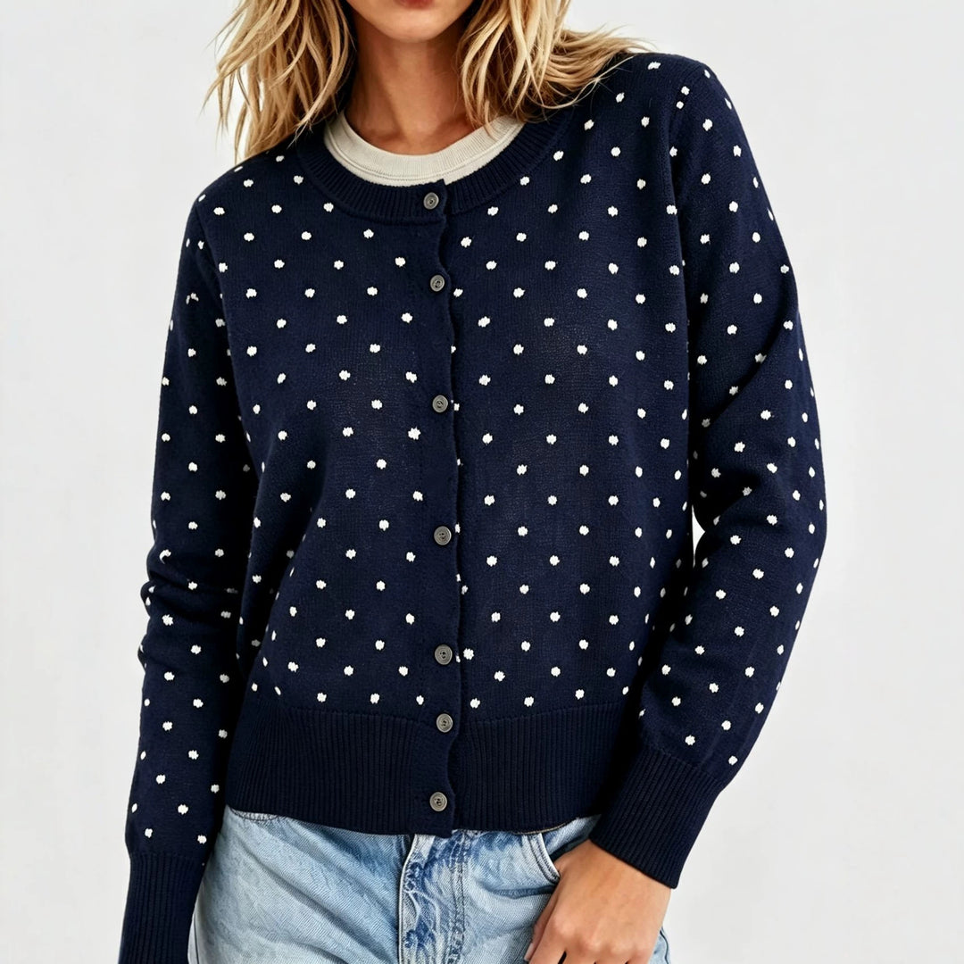 Damen Gepunktete Feinstrick-Cardigan mit Rundhals und Rippbündchen Shop Nory