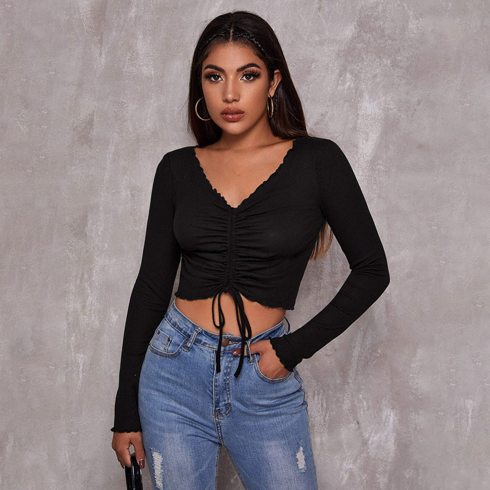 Damen geripptes Cropped-Longsleeve mit Tunnelzugvorderseite, Bindekordeln und gewelltem Saum Shop Nory