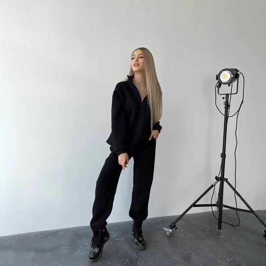 Damen Cropped-Sweatshirt-Set mit hohem Kragen und High-Waist-Jogginghose Shop Nory