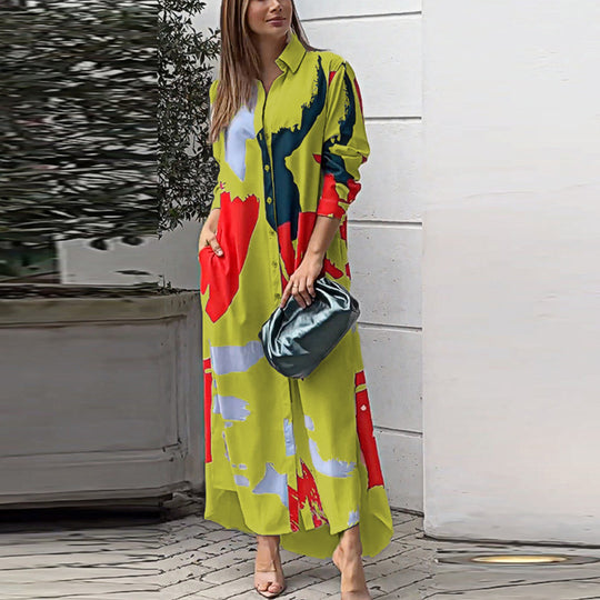 Damen Langes Hemdblusenkleid mit abstraktem Pinselprint und seitlichen Eingrifftaschen Shop Nory