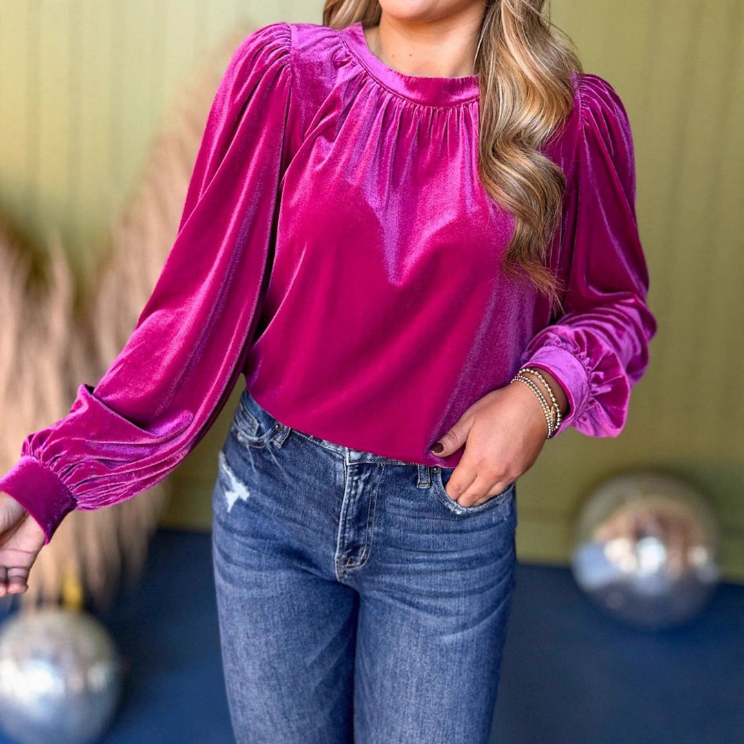 Damen Samtbluse mit Ballonärmeln und gerafftem Stehkragen Shop Nory