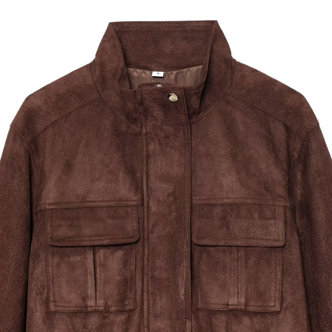 Damen Kurzjacke im Fieldstyle aus Veloursleder‑Optik mit Stehkragen, Brusttaschen und Tunnelzug Shop Nory