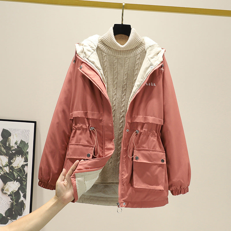 Damen Wasserabweisender Kapuzenparka mit Teddyfutter Tunnelzugtaillierung und Mehrfachtaschen Shop Nory