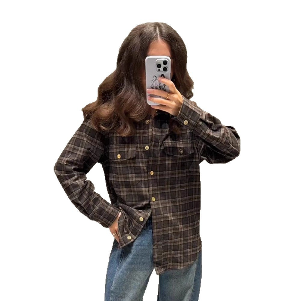 Damen Kariertes Overshirt mit Brusttaschen und goldenen Druckknöpfen Shop Nory