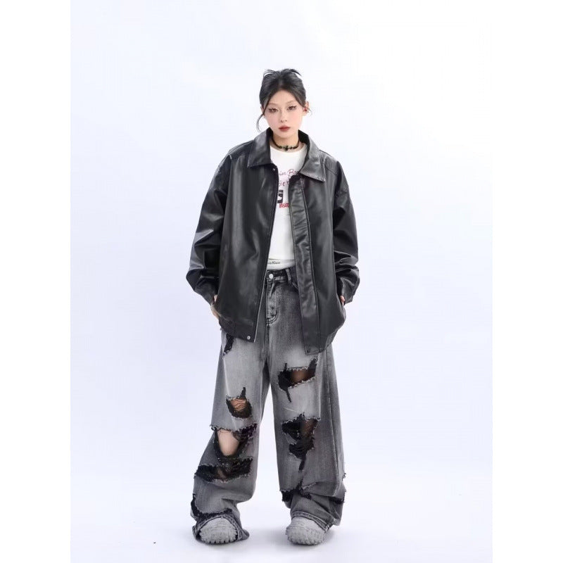 Damen Oversized Kunstleder-Blouson mit elastischem Saum und Hemdkragen Shop Nory