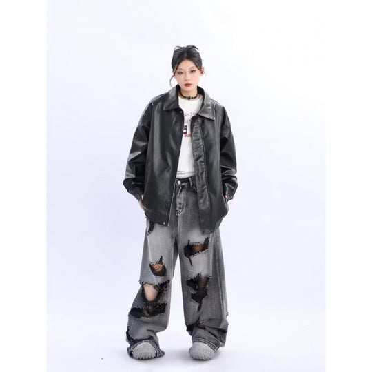 Damen Oversized Kunstleder-Blouson mit elastischem Saum und Hemdkragen Shop Nory