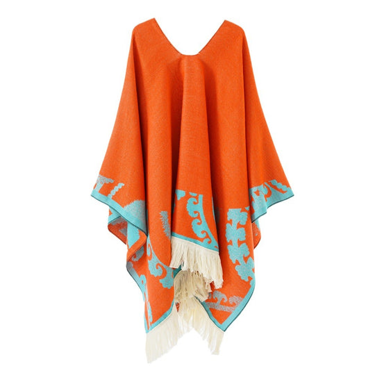 Damen Wollmix-Medallionponcho mit V-Ausschnitt und Fransensaum Shop Nory