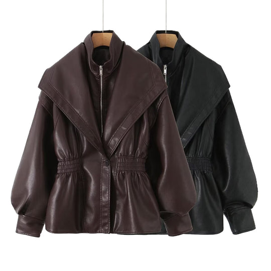 Damen Kunstlederjacke mit XXL-Schalkragen, Taillengummierung und Ballonärmeln Shop Nory