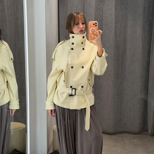 Damen Kurze doppeltknöpfte Trenchjacke mit hohem Stehkragen und Taillengürtel Shop Nory