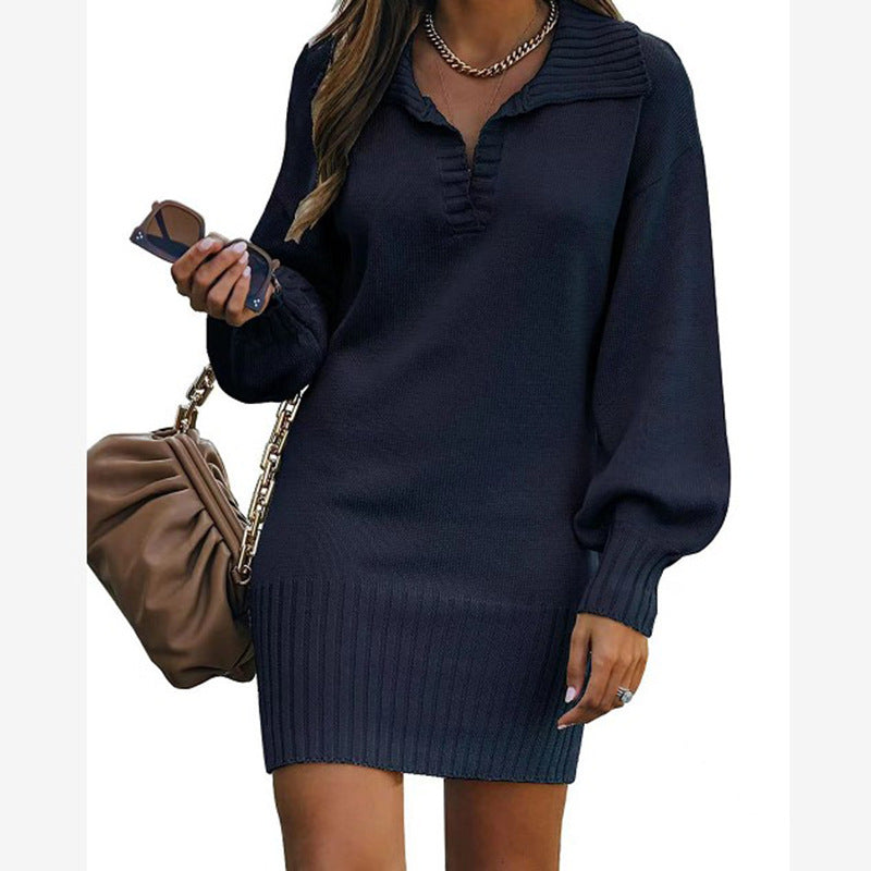 Damen nan schulterfreies Strickminikleid mit weitem V-Ausschnitt und Rippbund Shop Nory