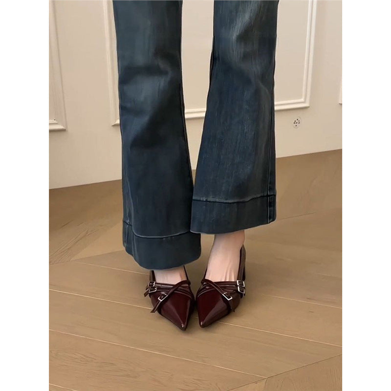 Damen Spitz zulaufende Block-Absatz Pumps mit doppeltem Zierriemen Shop Nory