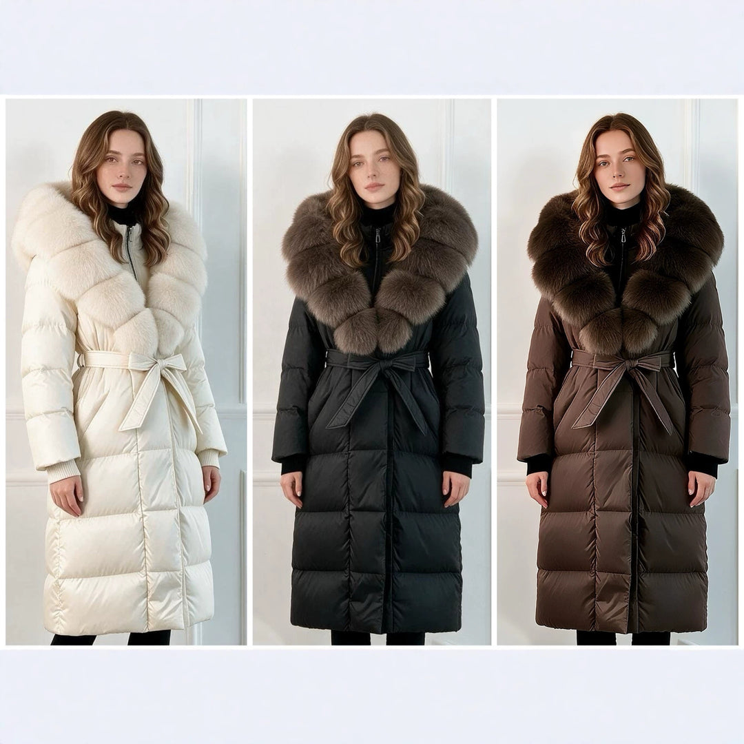 Damen nan langer gesteppter Mantel mit übergroßem Fellkragen und Bindegürtel Shop Nory