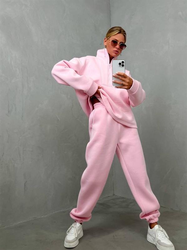 Damen lässiges Fleece-Set mit halbem Reißverschluss und weitem Schnitt