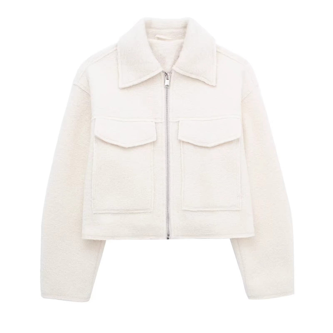 Damen Kurzgeschnittene Sherpa-Jacke mit Reißverschluss und aufgesetzten Pattentaschen Shop Nory