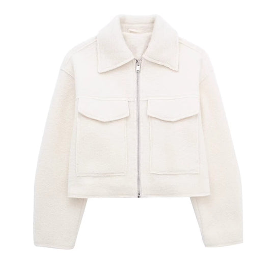 Damen Kurzgeschnittene Sherpa-Jacke mit Reißverschluss und aufgesetzten Pattentaschen Shop Nory