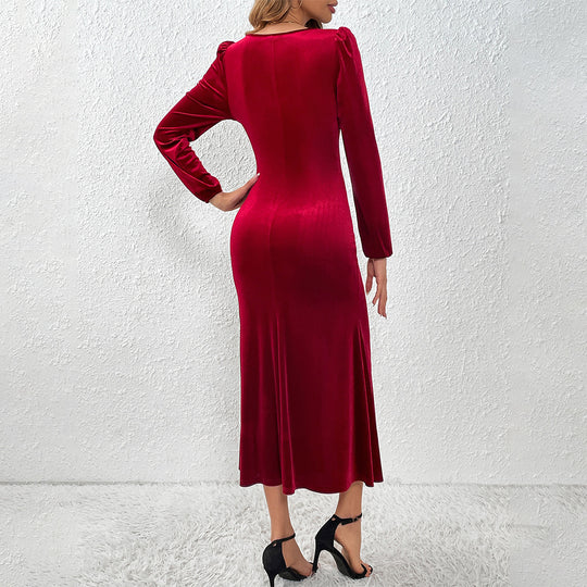 Damen Samt-Maxikleid mit taillierter Silhouette, Puffschultern und fließendem Tulpenrock Shop Nory