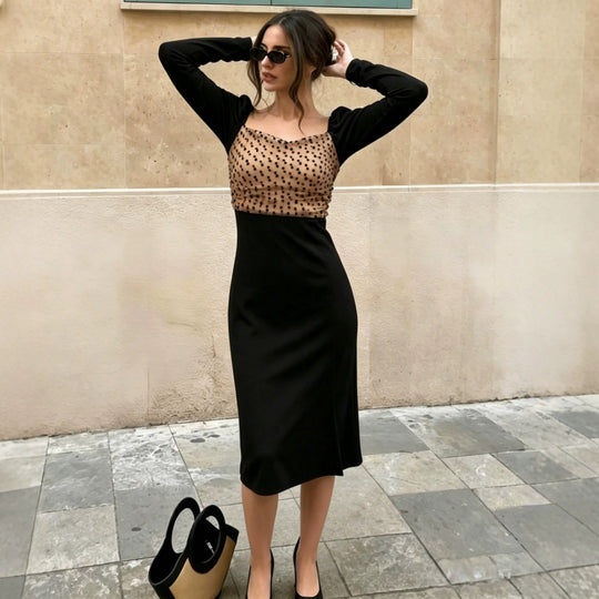 Damen Figurbetontes Midikleid mit Puffärmeln und transparentem Tupfen-Organza-Rückenteil Shop Nory