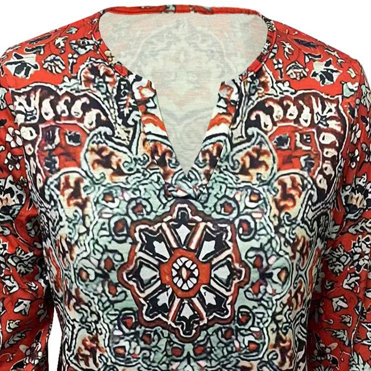 Damen Boho-Tunika-Bluse mit Mandala-Print, V-Ausschnitt und dreiviertel Ärmeln Shop Nory