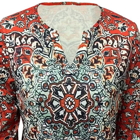 Damen Boho-Tunika-Bluse mit Mandala-Print, V-Ausschnitt und dreiviertel Ärmeln Shop Nory