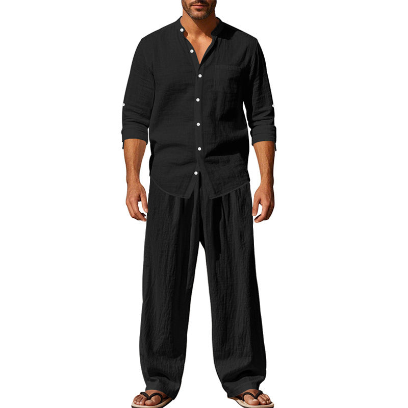 Herren nan legeres Leinen-Relax-Set mit Stehkragen-Hemd und weitem Kordelbund-Hose Shop Nory
