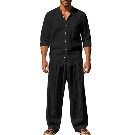 Herren nan legeres Leinen-Relax-Set mit Stehkragen-Hemd und weitem Kordelbund-Hose Shop Nory