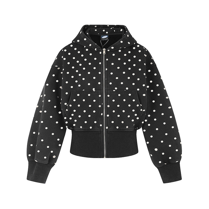 Damen Kurze Kapuzen-Sweatjacke mit durchgehendem Reißverschluss, gepunktetem Allover und breitem Rippbund Shop Nory