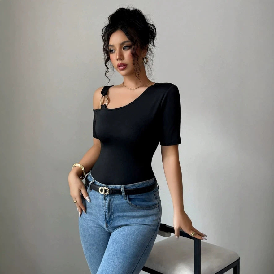 Damen eleganter Body mit asymmetrischem Ausschnitt und kurzärmeliger Gestaltung Shopnory