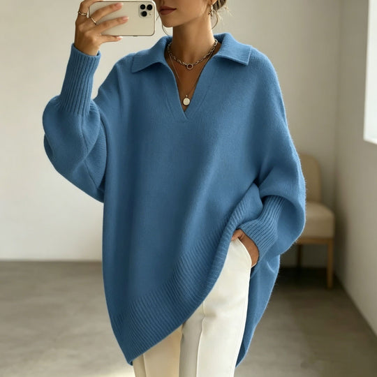 Damen Oversize-Polokragen V-Ausschnitt Strickpullover mit Ballonärmeln Shop Nory