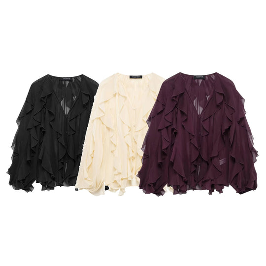 Damen Chiffon-Bluse mit vielfachen Volant-Rüschen und Knopfleiste Shop Nory