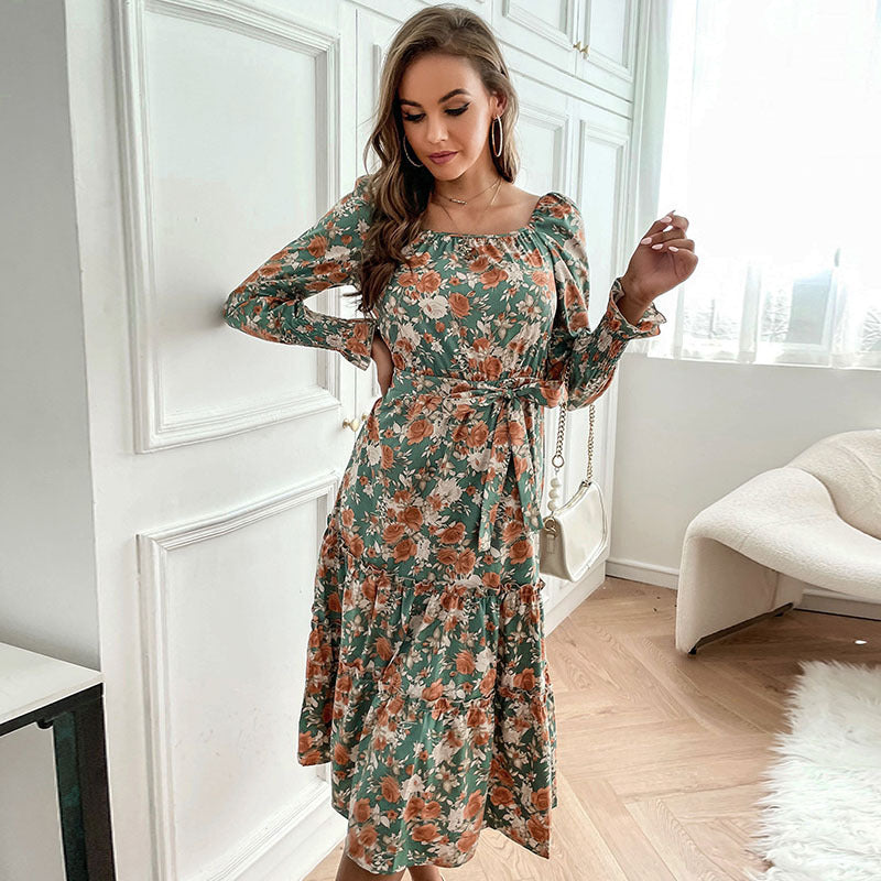 Damen Midikleid mit quadratischem Ausschnitt, Stufenrock, Puffärmmel und Taillengürtel Shop Nory