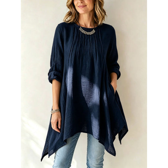 Damen Lässige Long-Tunika mit Handtuchsaum, Kräusel-Biesen und Eingrifftaschen Shop Nory