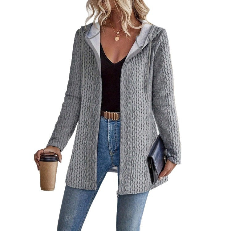 Damen Strickjacke mit Kapuze und trendigem Zopfmuster